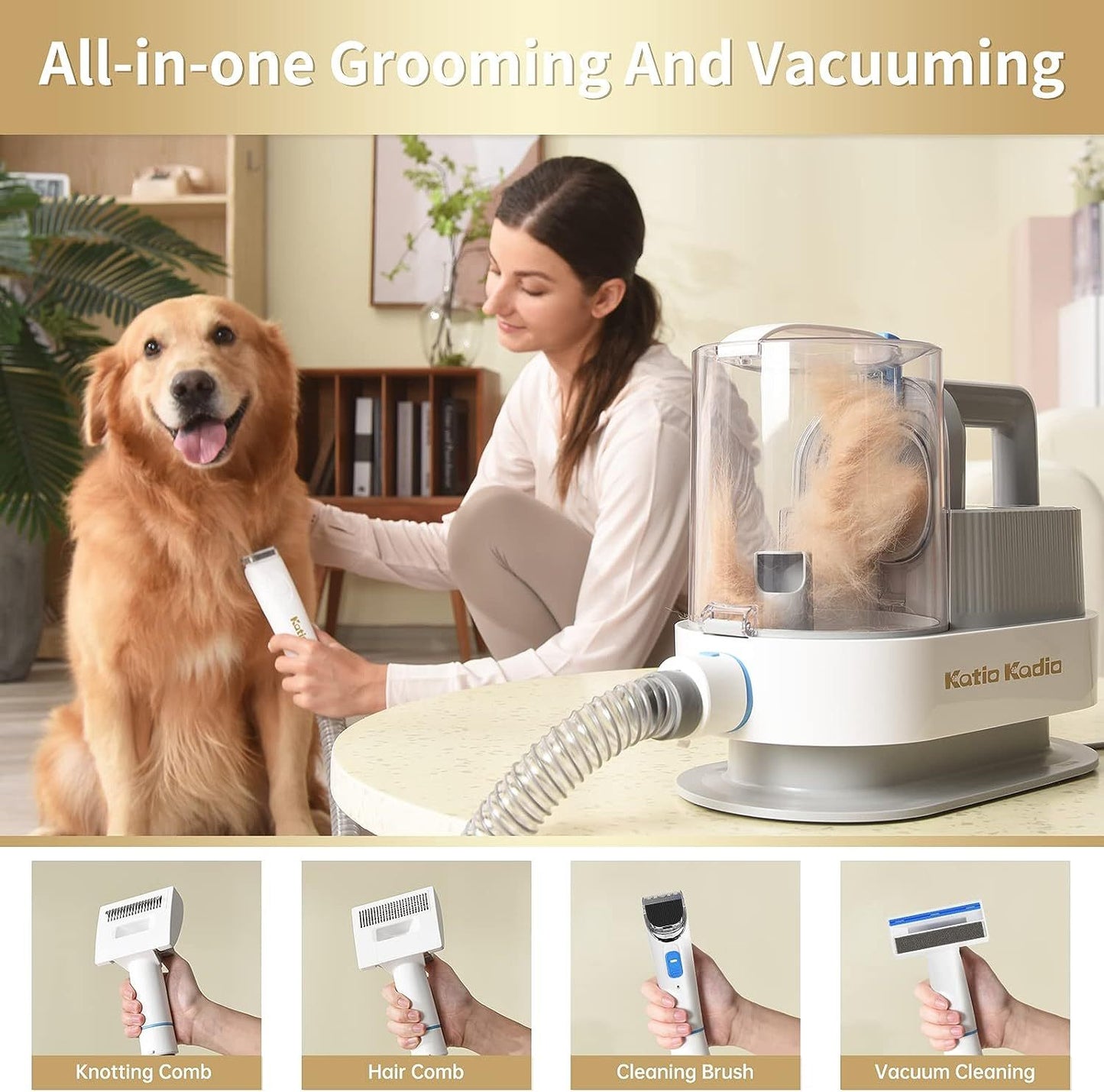 Kit per la toelettatura degli animali domestici, kit per la toelettatura 5 in 1 con 2 modalità di aspirazione, aspirapolvere per cani a basso rumore per la pulizia del pelo di animali di piccola e media taglia a casa.